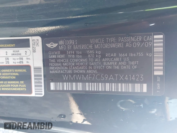 2010 MINI Hardtop S with VIN WMWMF7C59ATX41423, listed as a IAAI auction lot 42547368 with 118,083 mi miles and . Bid and sale history available at DreamBid. Image 9.