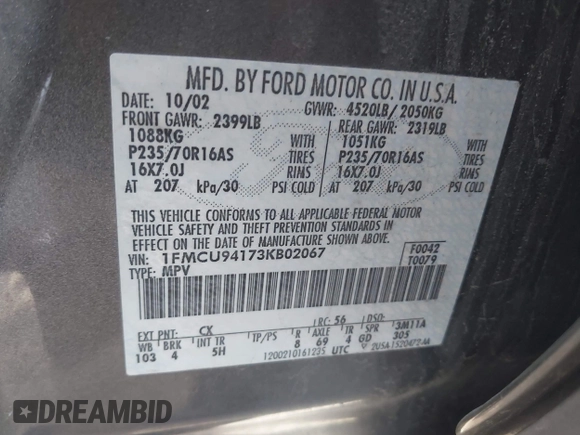 2003 Ford Escape Limited with VIN 1FMCU94173KB02067, listed as a IAAI auction lot 42088659 with 236,209 mi miles. Bid and sale history available at carsss.com. Image 9.