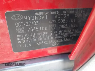 2004 Hyundai Santa Fe GLS with VIN KM8SC13D34U638662, listed as a IAAI auction lot 42126589 with 196,428 mi miles. Bid and sale history available at carsss.com. Image 9.
