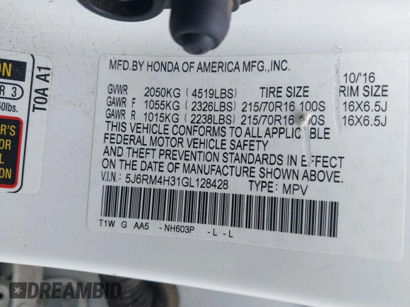 2016 Honda CR-V LX with VIN 5J6RM4H31GL128428, listed as a IAAI auction lot 41844212 with 30,173 mi miles. Bid and sale history available at carsss.com. Image 9.