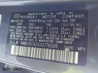 2018 Hyundai Tucson Value with VIN KM8J3CA2XJU776526, listed as a IAAI auction lot 41322657 with 102,444 mi miles. Bid and sale history available at carsss.com. Image 9.