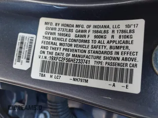 2017 Honda Civic Sedan LX with VIN 19XFC2F56HE233741, listed as a IAAI auction lot 42022068 with 65,587 mi miles. Bid and sale history available at carsss.com. Image 9.