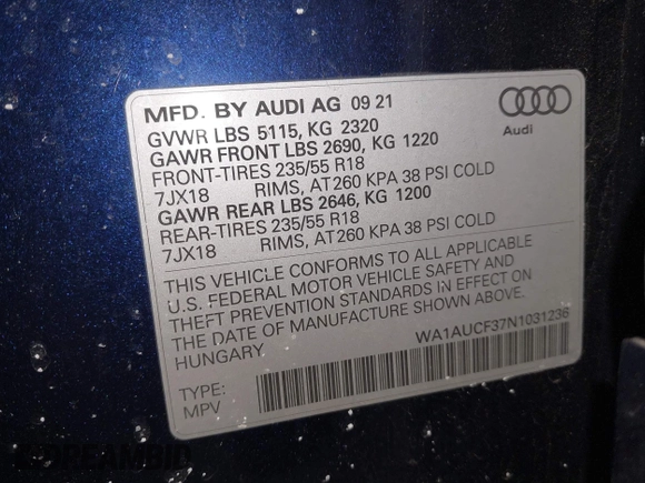 2022 Audi Q3 Premium with VIN WA1AUCF37N1031236, listed as a IAAI auction lot 41453286 with 27,427 mi miles. Bid and sale history available at carsss.com. Image 9.