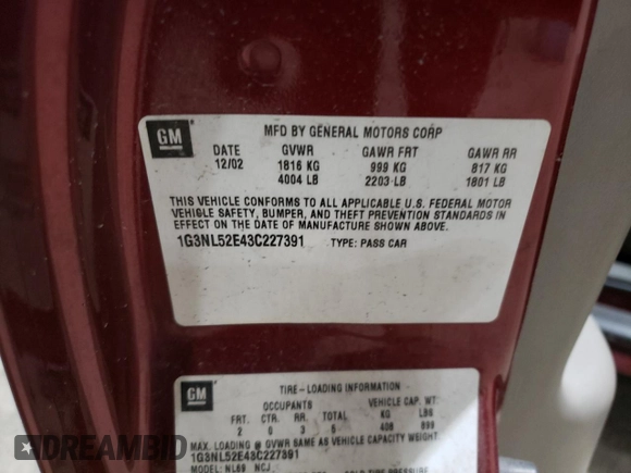 2003 Oldsmobile Alero GL1 z VIN 1G3NL52E43C227391, wystawiony jako Copart lot #43970245 z przebiegiem 100 732 mil mil oraz Szkody całkowita. Historia ofert i sprzedaży dostępna na DreamBid. Obrazek 12.