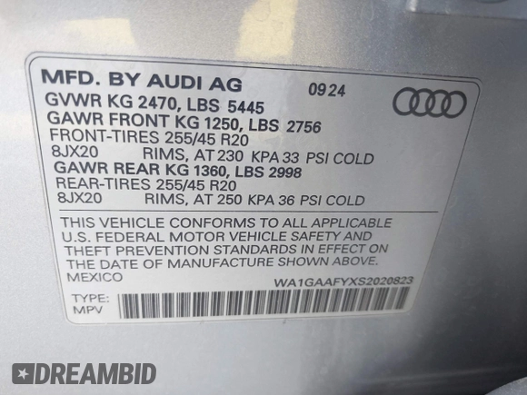 2025 Audi Q5 S line Premium z VIN WA1GAAFYXS2020823, wystawiony jako IAAI lot #42318926 z przebiegiem 9805 mil mil oraz . Historia ofert i sprzedaży dostępna na DreamBid. Obrazek 9.