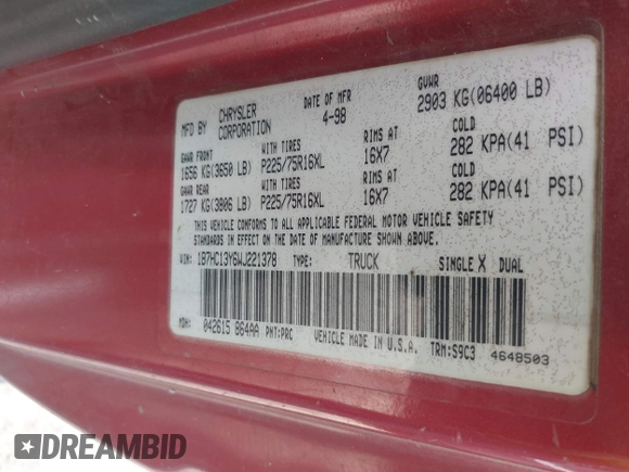 1998 Dodge 1500 с VIN 1B7HC13Y6WJ221378, выставлен на аукционе IAAI как лот 41751883 с пробегом 153 035 миль миль и . История ставок и продаж доступна на DreamBid. Изображение 9.