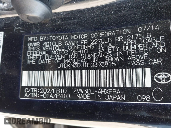 2014 Toyota Prius Four with VIN JTDKN3DU1E0393815, listed as a IAAI auction lot 42121737 with 136,090 mi miles and . Bid and sale history available at carsss.com. Image 9.