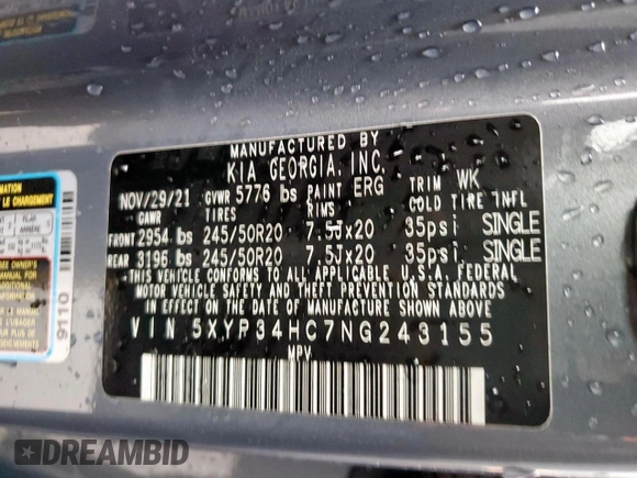 2022 Kia Telluride EX with VIN 5XYP34HC7NG243155, listed as a Copart auction lot 55508125 with 55,033 mi miles and Salvage title. Bid and sale history available at DreamBid. Image 14.