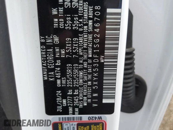 2025 Kia Sportage SX-Prestige с VIN 5XYK53DF1SG246708, выставлен на аукционе Copart как лот 56178265 с пробегом 5 492 миль миль и Списание • Salvage title. История ставок и продаж доступна на DreamBid. Изображение 13.