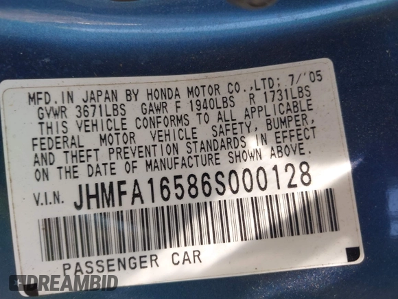 2006 Honda Civic LX with VIN JHMFA16586S000128, listed as a IAAI auction lot 42138350 with 127,253 mi miles and . Bid and sale history available at DreamBid. Image 9.