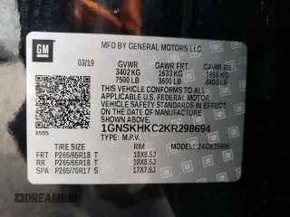 2019 Chevrolet Suburban LT with VIN 1GNSKHKC2KR298694, listed as a Copart auction lot 49498855 with 252,062 mi miles and Non Repairable. Bid and sale history available at DreamBid. Image 13.