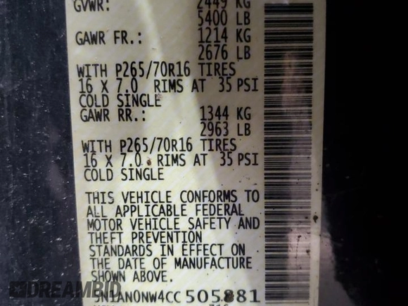 2012 Nissan Xterra X with VIN 5N1AN0NW4CC505881, listed as a Copart auction lot 54330135 with 146,720 mi miles and Clean Title. Bid and sale history available at carsss.com. Image 13.