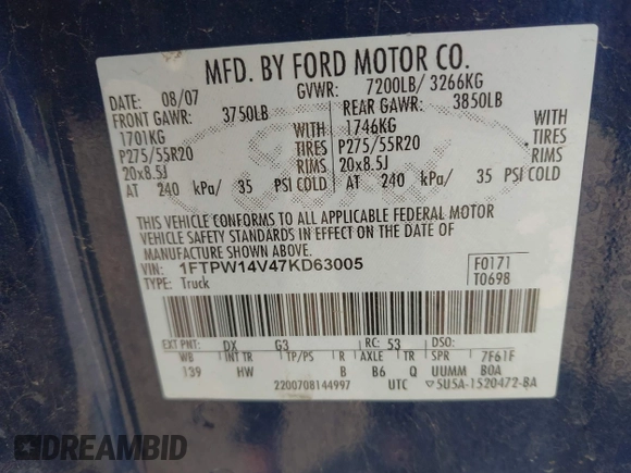 2007 Ford F-150 XLT with VIN 1FTPW14V47KD63005, listed as a IAAI auction lot 41982832 with 236,188 mi miles and . Bid and sale history available at DreamBid. Image 9.