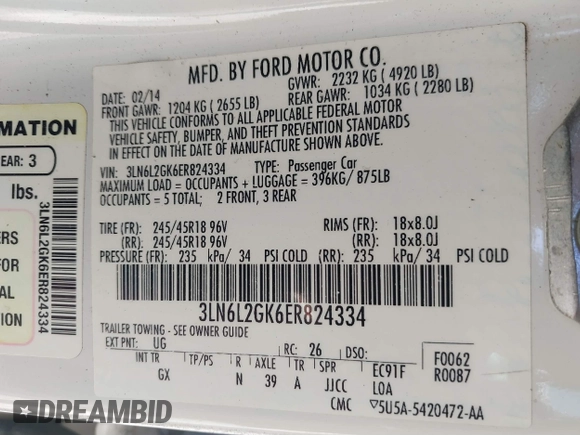 2014 Lincoln MKZ with VIN 3LN6L2GK6ER824334, listed as a IAAI auction lot 41826468 with 109,736 mi miles and . Bid and sale history available at DreamBid. Image 9.