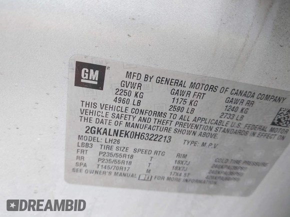 2017 GMC Terrain SLE z VIN 2GKALNEK0H6322213, wystawiony jako IAAI lot #42001066 z przebiegiem 84 892 mil mil oraz . Historia ofert i sprzedaży dostępna na DreamBid. Obrazek 9.