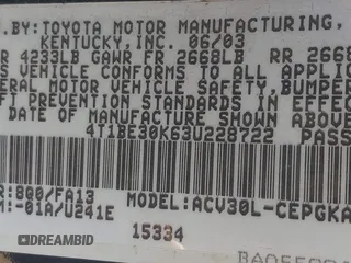 2003 Toyota Camry LE with VIN 4T1BE30K63U228722, listed as a IAAI auction lot 42205293 with 133,806 mi miles and . Bid and sale history available at DreamBid. Image 9.