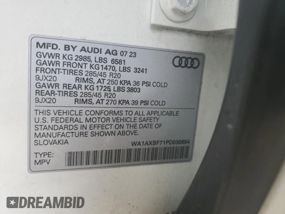2023 Audi Q7 Premium z VIN WA1AXBF71PD030654, wystawiony jako Copart lot #59030315 z przebiegiem 30 926 mil mil oraz Szkoda całkowita • Salvage title. Historia ofert i sprzedaży dostępna na DreamBid. Obrazek 12.