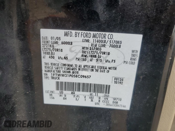 2005 Ford F-350 XL with VIN 1FTWW31P05EC09657, listed as a Copart auction lot 51969665 with 158,206 mi miles and Salvage Title. Bid and sale history available at DreamBid. Image 12.