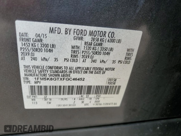 2015 Ford Explorer Sport z VIN 1FM5K8GTXFGC46452, wystawiony jako Copart lot #60426205 z przebiegiem 94 385 mil mil oraz Szkoda całkowita • Salvage title. Historia ofert i sprzedaży dostępna na DreamBid. Obrazek 14.