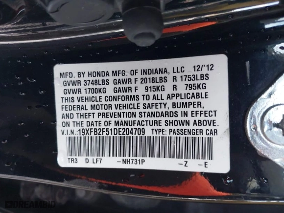 2013 Honda Civic Sdn LX with VIN 19XFB2F51DE204709, listed as a IAAI auction lot 41405894 with 166,810 mi miles. Bid and sale history available at carsss.com. Image 9.