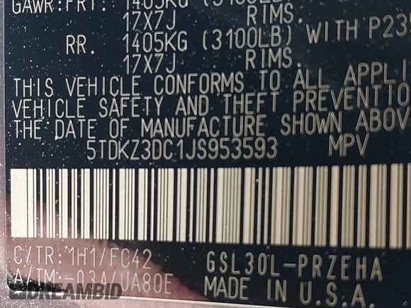 2018 Toyota Sienna LE Auto Access Seat with VIN 5TDKZ3DC1JS953593, listed as a IAAI auction lot 41478930 with 171,792 mi miles. Bid and sale history available at carsss.com. Image 9.