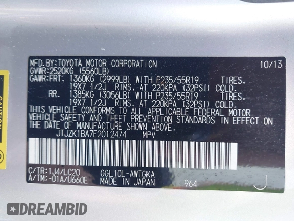 2014 Lexus RX 350 with VIN JTJZK1BA7E2012474, listed as a IAAI auction lot 42369456 with 127,380 mi miles and . Bid and sale history available at DreamBid. Image 9.