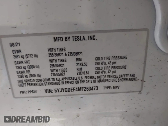 2021 Tesla Model Y Performance with VIN 5YJYGDEF4MF263473, listed as a IAAI auction lot 41851083 with 39,289 mi miles and . Bid and sale history available at DreamBid. Image 9.