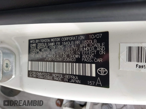 2008 Toyota Yaris with VIN JTDBT923681208403, listed as a IAAI auction lot 41944498 with 185,352 mi miles and . Bid and sale history available at DreamBid. Image 9.