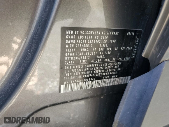 2018 Volkswagen Tiguan with VIN WVGBV7AX9JK003947, listed as a Copart auction lot 54556975 with Not Provided miles and Salvage Title. Bid and sale history available at DreamBid. Image 14.