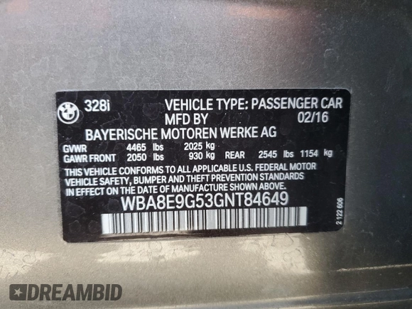 2016 BMW 3 Series 328i with VIN WBA8E9G53GNT84649, listed as a Copart auction lot 55483635 with 54,660 mi miles and Salvage title. Bid and sale history available at DreamBid. Image 12.