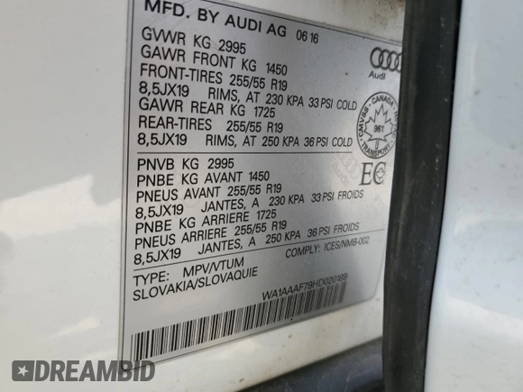 2017 Audi Q7 Premium with VIN WA1AAAF79HD020189, listed as a Copart auction lot 59193975 with 186,533 mi miles and Salvage title. Bid and sale history available at DreamBid. Image 14.
