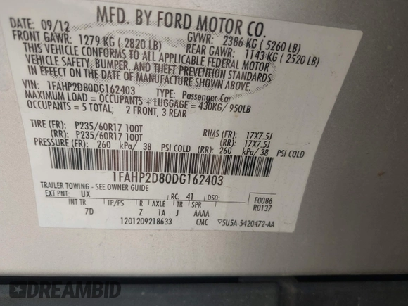 2013 Ford Taurus SE z VIN 1FAHP2D80DG162403, wystawiony jako IAAI lot #42381856 z przebiegiem 231 480 mil mil oraz . Historia ofert i sprzedaży dostępna na DreamBid. Obrazek 9.