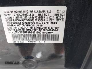 2013 Honda Pilot Touring z VIN 5FNYF3H93DB021700, wystawiony jako IAAI lot #42343744 z przebiegiem 224 264 mil mil oraz . Historia ofert i sprzedaży dostępna na DreamBid. Obrazek 9.