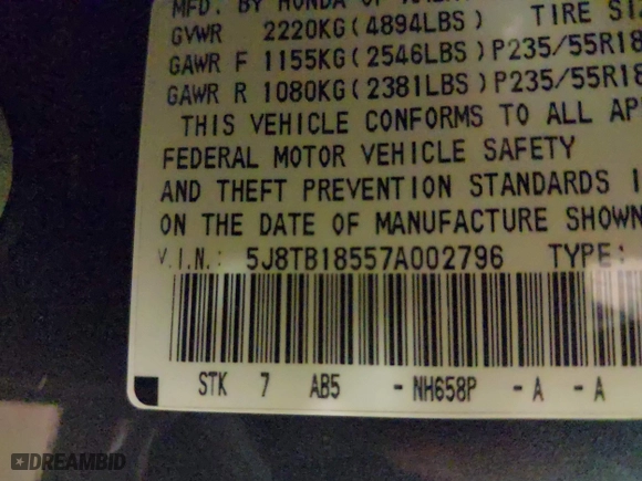 2007 Acura RDX Tech Pkg with VIN 5J8TB18557A002796, listed as a IAAI auction lot 41816462 with 213,066 mi miles. Bid and sale history available at carsss.com. Image 9.