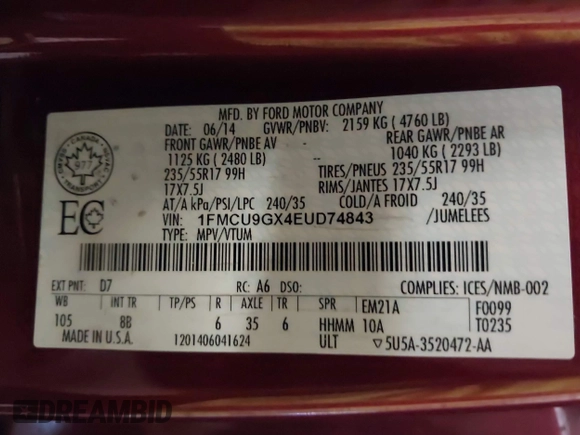 2014 Ford Escape SE с VIN 1FMCU9GX4EUD74843, выставлен на аукционе IAAI как лот 41484187 с пробегом 104 326 миль миль и . История ставок и продаж доступна на DreamBid. Изображение 9.