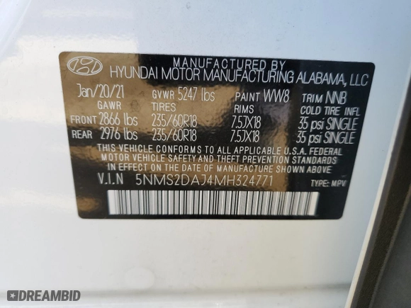 2021 Hyundai Santa Fe SEL with VIN 5NMS2DAJ4MH324771, listed as a Copart auction lot 54045535 with 36,580 mi miles and Salvage Title. Bid and sale history available at carsss.com. Image 14.