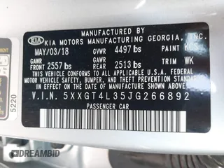 2018 Kia Optima LX with VIN 5XXGT4L35JG266892, listed as a IAAI auction lot 42473938 with 79,690 mi miles and . Bid and sale history available at DreamBid. Image 9.