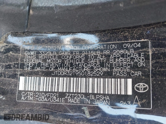 2005 Toyota Celica GT z VIN JTDDR32T950182529, wystawiony jako IAAI lot #42466018 z przebiegiem Nie podano mil oraz . Historia ofert i sprzedaży dostępna na DreamBid. Obrazek 9.