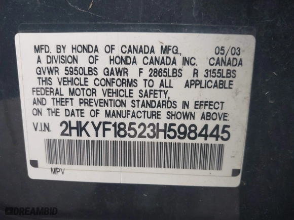2003 Honda Pilot EX with VIN 2HKYF18523H598445, listed as a IAAI auction lot 41723462 with 234,598 mi miles. Bid and sale history available at carsss.com. Image 9.