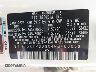 2024 Kia Telluride EX X-Line with VIN 5XYP3DGC4RG483058, listed as a IAAI auction lot 42070627 with 15,690 mi miles and . Bid and sale history available at DreamBid. Image 9.