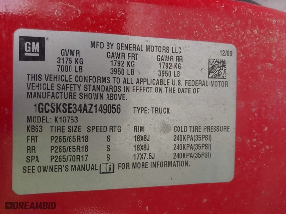 2010 Chevrolet Silverado 1500 LT with VIN 1GCSKSE34AZ149056, listed as a IAAI auction lot 41940819 with 254,707 mi miles. Bid and sale history available at carsss.com. Image 9.