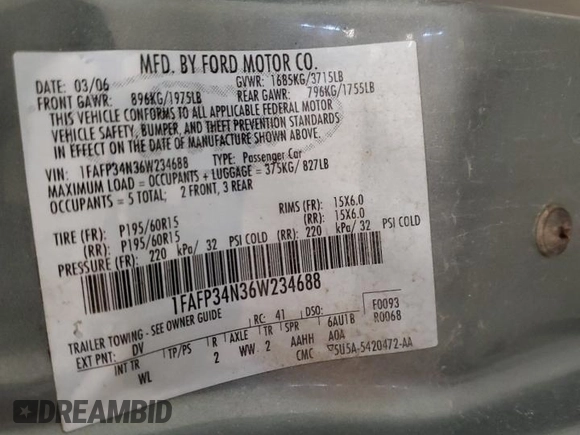 2006 Ford Focus S with VIN 1FAFP34N36W234688, listed as a Copart auction lot 49465885 with 93,556 mi miles and Salvage Title. Bid and sale history available at carsss.com. Image 12.