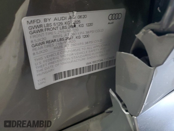 2020 Audi Q3 S line Premium Plus with VIN WA1EECF34L1113405, listed as a Copart auction lot 47685765 with Not provided miles and Salvage title. Bid and sale history available at DreamBid. Image 13.