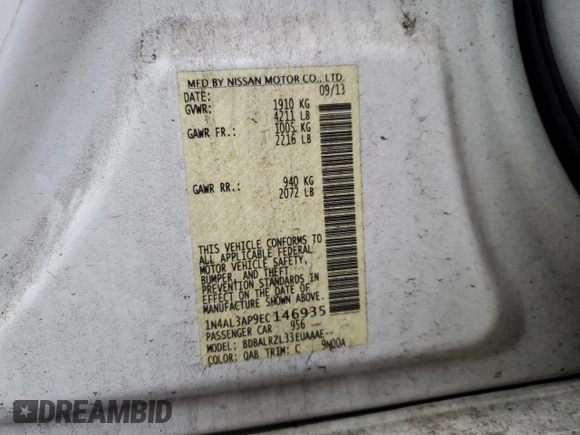 2014 Nissan Altima 2.5 with VIN 1N4AL3AP9EC146935, listed as a Copart auction lot 44960225 with 138,550 mi miles and Salvage Title. Bid and sale history available at DreamBid. Image 12.