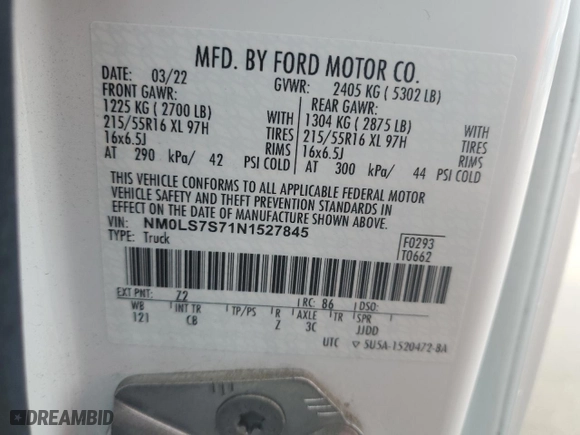 2022 Ford Transit Connect Van XL with VIN NM0LS7S71N1527845, listed as a Copart auction lot 71798444 with 50,092 mi miles and Salvage Title. Bid and sale history available at carsss.com. Image 15.