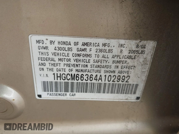 2004 Honda Accord LX z VIN 1HGCM66364A102992, wystawiony jako IAAI lot #42439906 z przebiegiem 218 423 mil mil oraz . Historia ofert i sprzedaży dostępna na DreamBid. Obrazek 9.