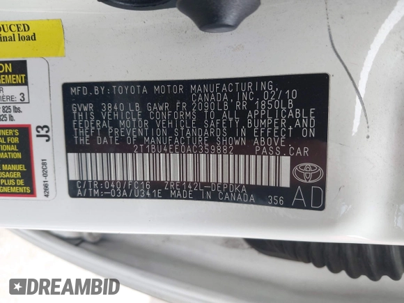 2010 Toyota Corolla with VIN 2T1BU4EE0AC359882, listed as a IAAI auction lot 42051633 with 227,481 mi miles. Bid and sale history available at carsss.com. Image 9.