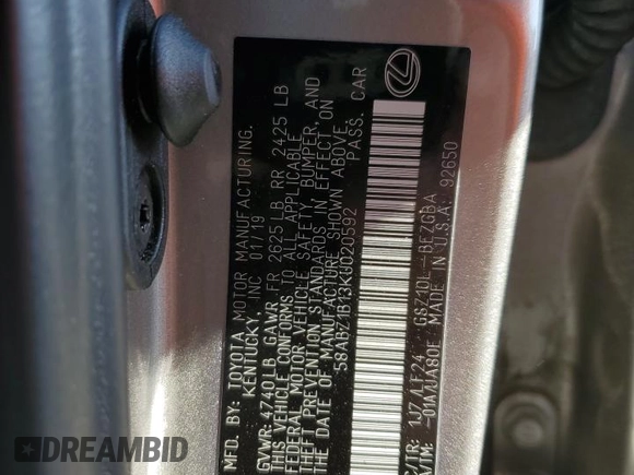 2019 Lexus ES 350 with VIN 58ABZ1B13KU020592, listed as a Copart auction lot 50220905 with 70,873 mi miles and Salvage Title. Bid and sale history available at DreamBid. Image 12.