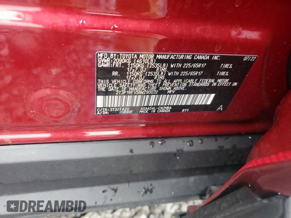 2022 Toyota RAV4 XLE with VIN 2T3P1RFV5NW290032, listed as a Copart auction lot 61164555 with 6,259 mi miles and Salvage title. Bid and sale history available at DreamBid. Image 14.