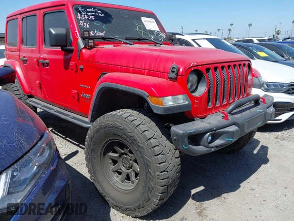 2019 Jeep Wrangler Unlimited Sahara with VIN 1C4HJXEN0KW552028, listed as a IAAI auction lot 41934634 with 53,054 mi miles and . Bid and sale history available at DreamBid. Image 1.